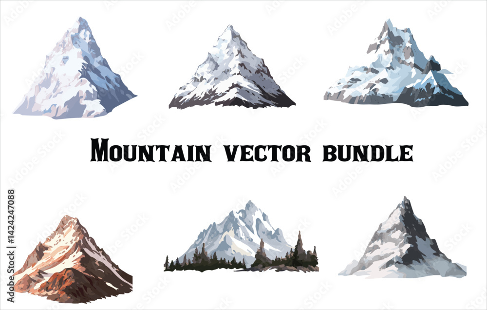 Mountain vector bundle , Mountains icon vector set. Hike, travel vector illustration sign collection. Set of rocky mountains silhouette.