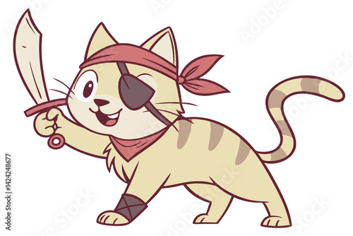 Cartoon Striped Cat Character Pirate With Sword And Eye Patch Illustration