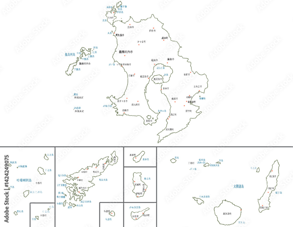 Fototapeta premium 鹿児島県 地図 白 斑点 イラスト