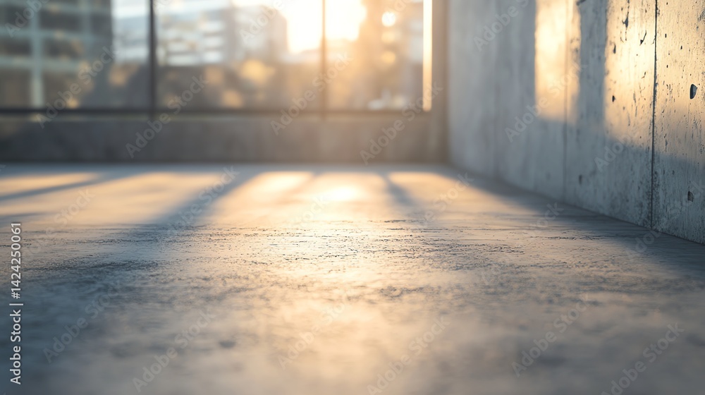 Concrete Floor Interior with Sunlight Shining Through Window During Sunrise Concrete Floor Interior with Sunlight Shining Through Window During Sunrise