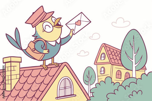 Cartoon Bird Postman Delivering Love Letter On Rooftop With Houses Landscape