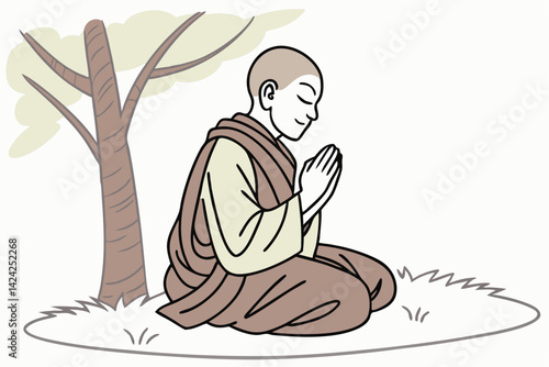 Buddhist Monk Meditating Under A Tree Seeking Spiritual Enlightenment And Inner Peace