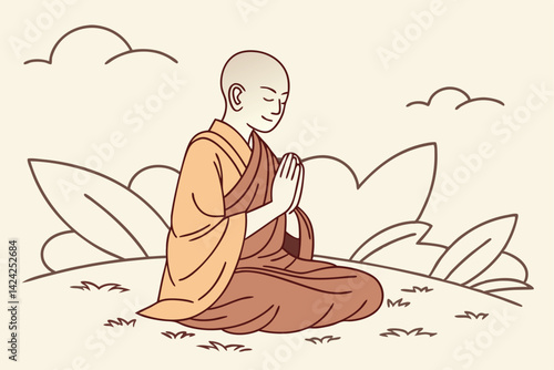 Buddhist Monk In Meditation Handdrawn Illustration Minimalist Style Serene Pose Outdoors