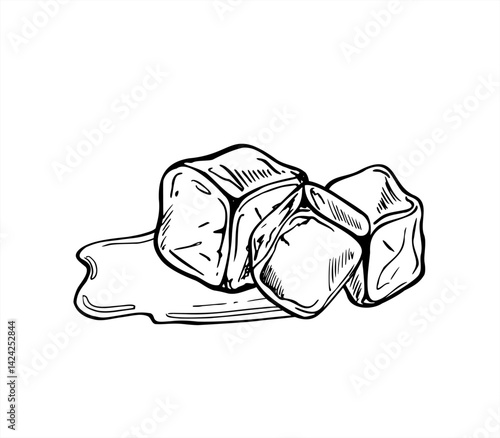 Monochrome melting ice cubes with spreading water puddle vector illustration painted by black inks. Etching drawing of frozen cubes for beverage branding, scientific infographics on phase transitions
