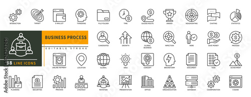 Minimalist Business Process line icon set with editable stroke, featuring intearction, target, e-wallet, thingking, time, online pasyment, idea, strategy, progress, rotation. thin linear illustration.
