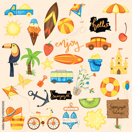 Summer fun icons beach toys fruit travel  more
