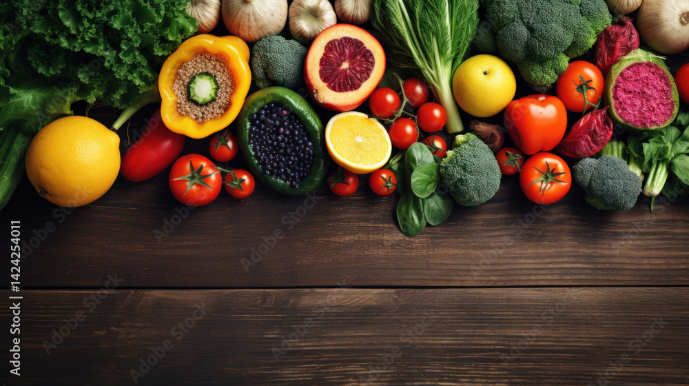 A bright and rich photo with a variety of fresh vegetables and fruits laid out on a wooden surface.