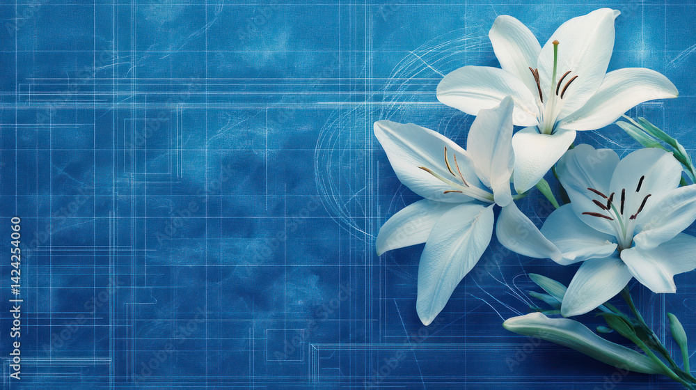 A minimalist composition with white lilies on a blue textured background, reminiscent of a blueprint or technical draft.