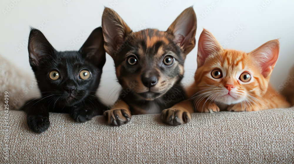 An adorable photo of three small animals nestled together on the back of a sofa.