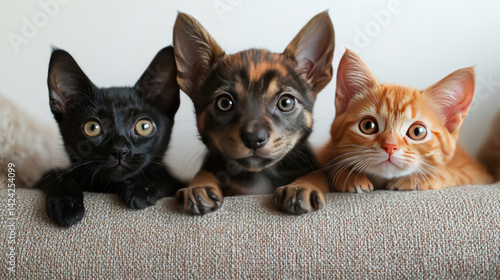 Obraz na płótnie An adorable photo of three small animals nestled together on the back of a sofa. w salonie