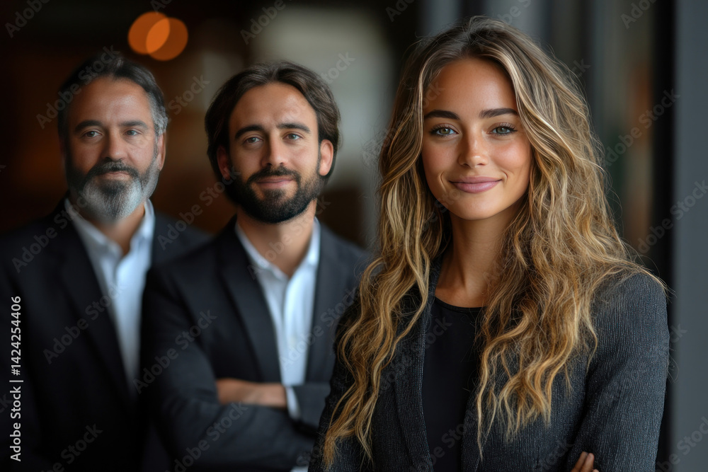 Portrait of a confident businesswoman in the foreground with two men in business suits standing out of focus behind her.