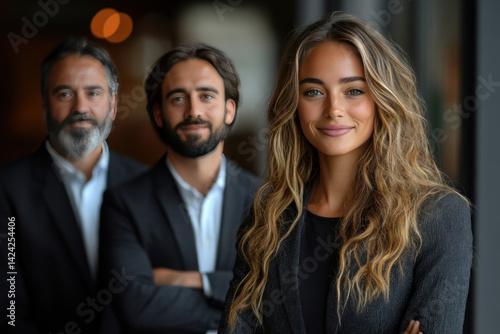 Obraz na płótnie Portrait of a confident businesswoman in the foreground with two men in business suits standing out of focus behind her. w salonie
