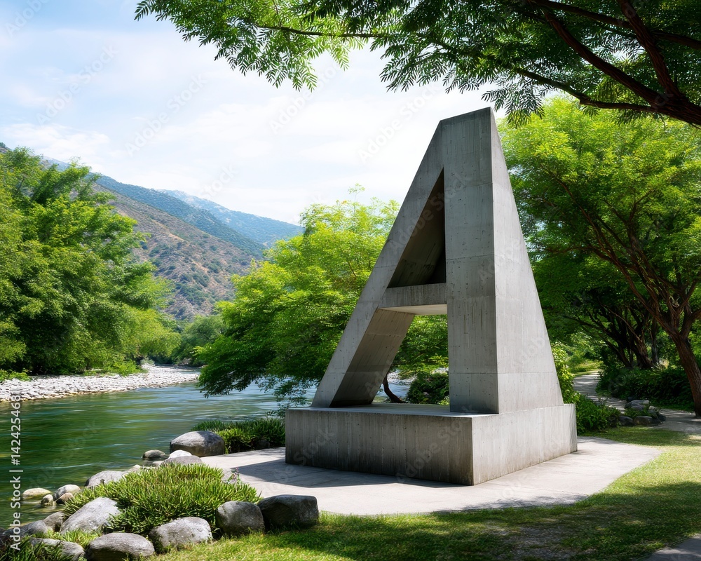 Fototapeta premium Monument Aligned with River Surrounded by Lush Rural Landscape