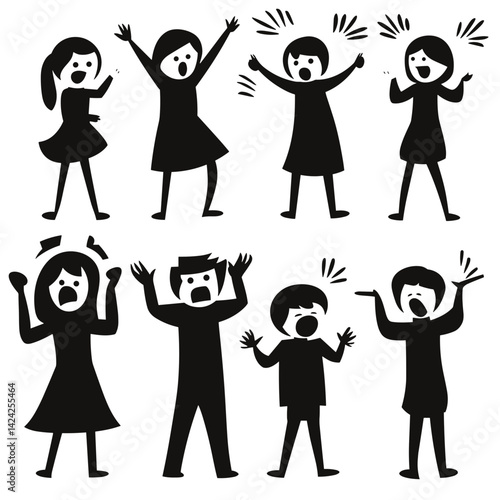 Stick figure people yelling in chaotic family argument
