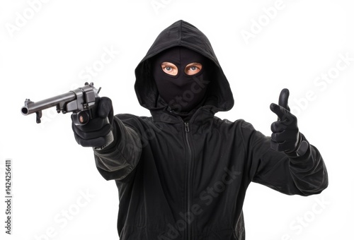 Hooded Figure Aims Gun Hand Signaled