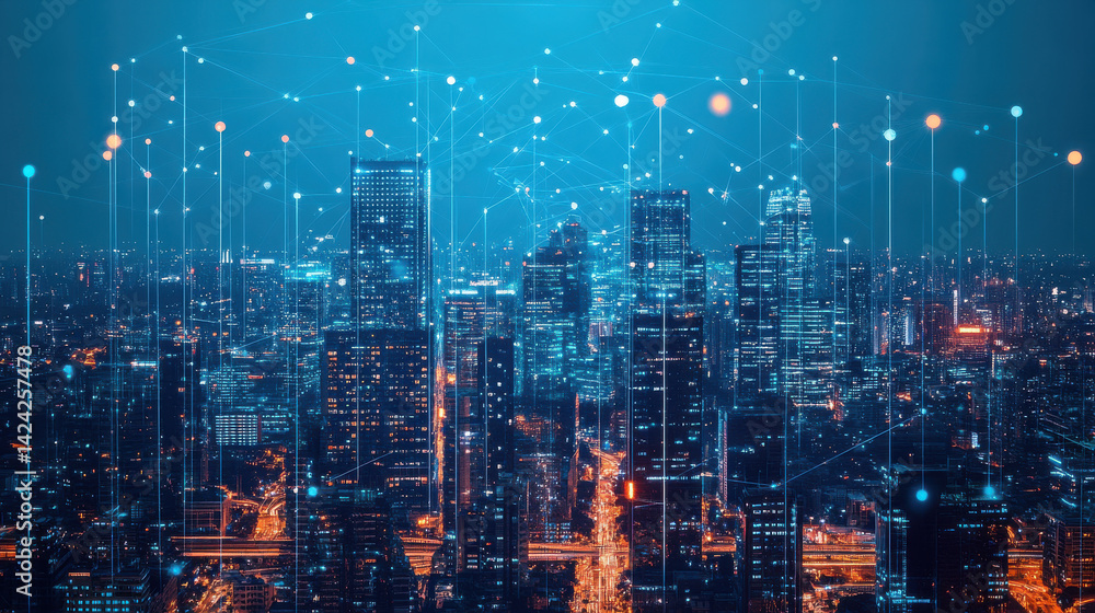 Fototapeta premium A futuristic cityscape, dominated by sleek, glass-fronted buildings that hum with the energy of digital innovation, where FoodTech pioneers revolutionize the food industry with cutting-edge