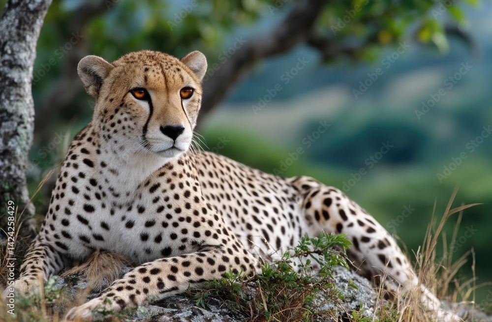 A cheetah sitting on top of a hill in the Serengeti, looking out over its home range A cheetah sitting on top of a hill in the Serengeti, looking out over its home range
