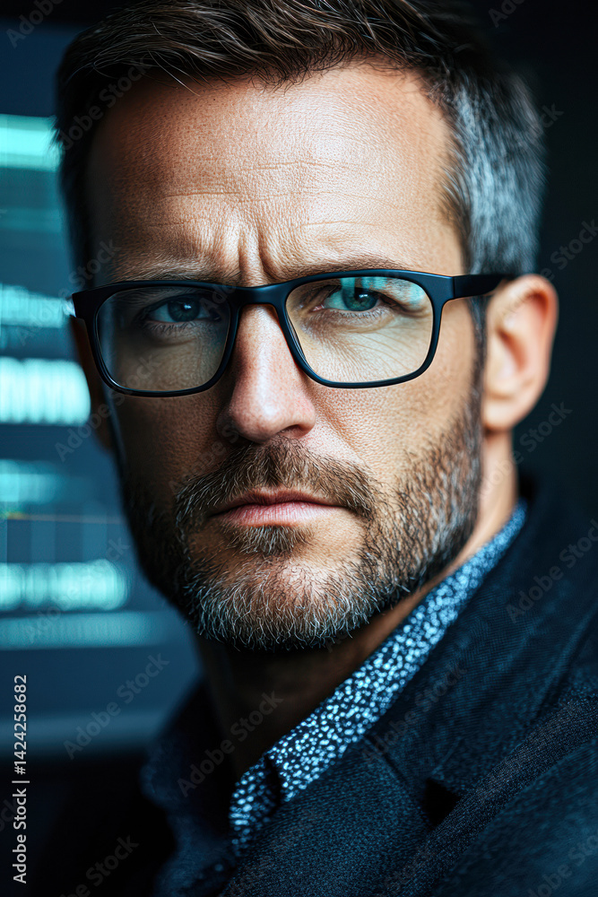 Intense portrait of a man with glasses, showcasing a serious expression and stylish attire. Intense portrait of a man with glasses, showcasing a serious expression and stylish attire.