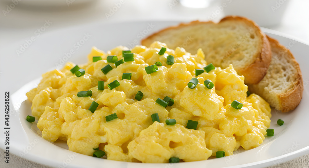 Delicious Scrambled Eggs Garnished With Chives And Toasted Bread Breakfast Delicious Scrambled Eggs Garnished With Chives And Toasted Bread Breakfast