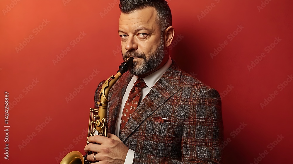 Fototapeta premium Man plays saxophone against red background