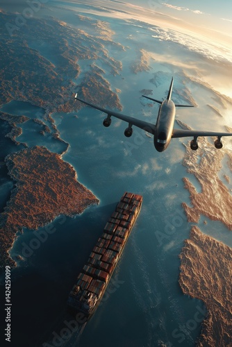 Cargo plane and container ship connect continents over glowing global trade map