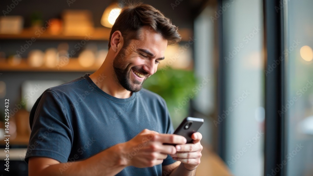 young caucasian man smiling while using a smartphone in a cozy cafe setting. daylight streaming in through large windows. technology and communication. lifestyle, social media. young caucasian man smiling while using a smartphone in a cozy cafe setting. daylight streaming in through large windows. technology and communication. lifestyle, social media.