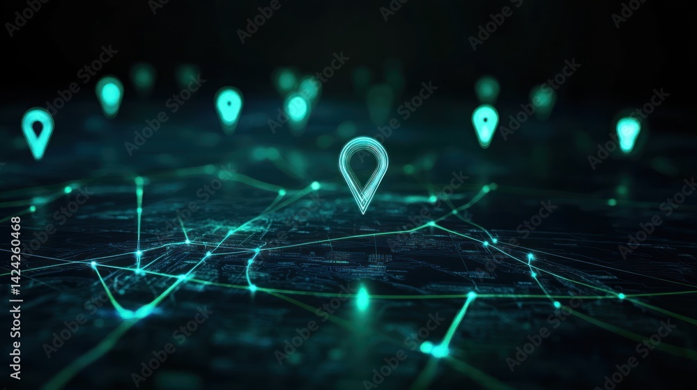 Obraz premium Futuristic Navigation Network with Glowing Location Pinpoints and Interconnections