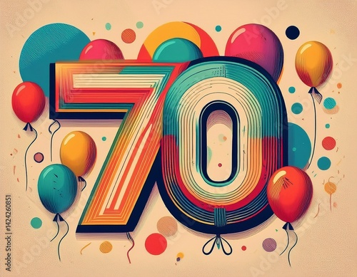 Number 70 with balloons. Retro style illustration for seventieth birthday or anniversary