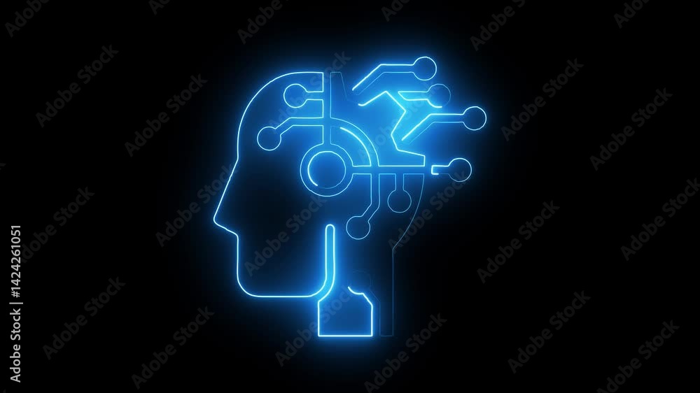 Glowing neon ai-robot icon isolated on black background. HD Video motion graphic animation Glowing neon ai-robot icon isolated on black background. HD Video motion graphic animation