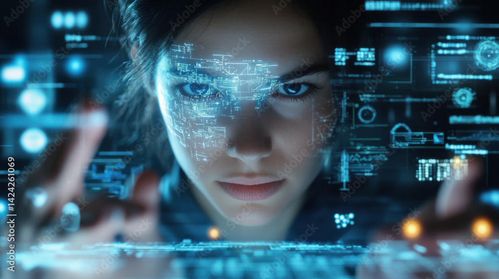 A futuristic vision of the modern workplace, where a sleek, digital business lady, her face illuminated by the glow of her personal information stored within her mind, effortlessly navigates A futuristic vision of the modern workplace, where a sleek, digital business lady, her face illuminated by the glow of her personal information stored within her mind, effortlessly navigates