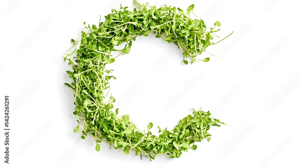 Letter C made of fresh arugula sprouts on white background Letter C made of fresh arugula sprouts on white background