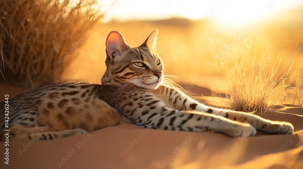 Obraz premium Exotic Savannah cat basking in golden sunlight on a desert landscape