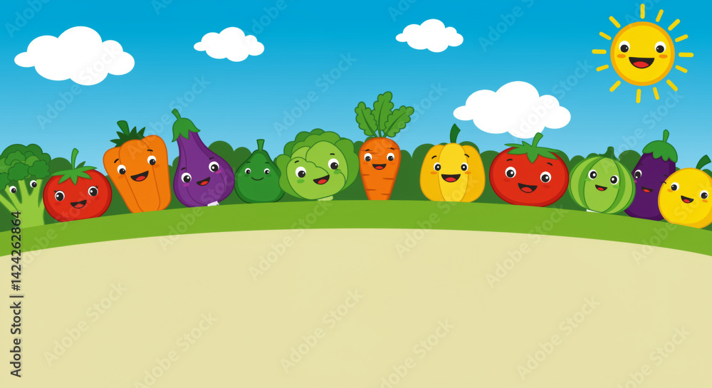 Obraz premium Cute Cartoon Vegetables with Smiling Faces on Colorful Background for Kids 
