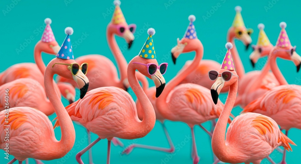 Obraz premium A group of flamingos wearing party hats and sunglasses against a turquoise colored background party time