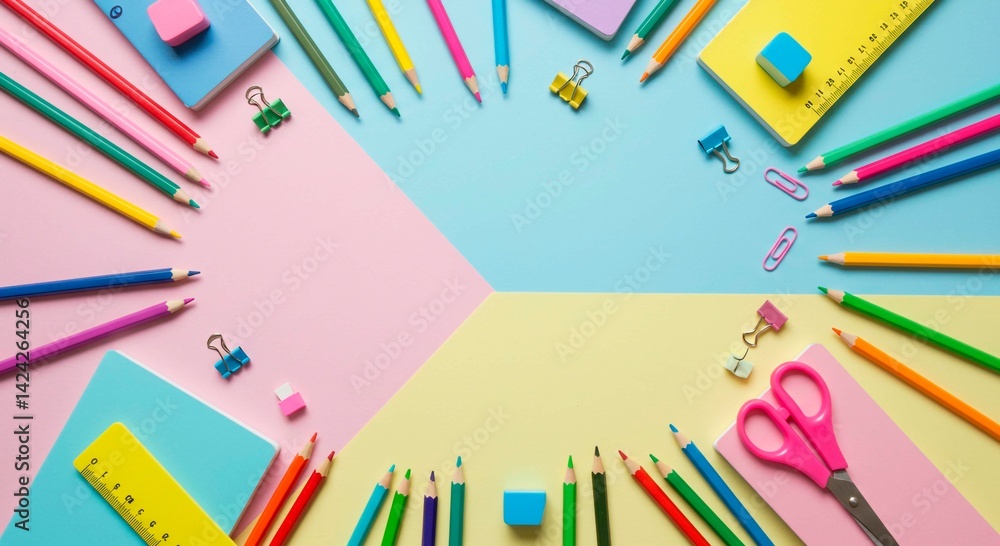 Overhead shot of colorful school supplies arranged on a pastel geometric background with scissors Overhead shot of colorful school supplies arranged on a pastel geometric background with scissors