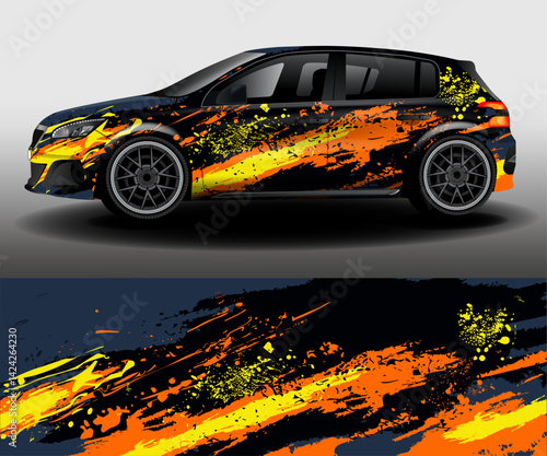 Universal design of car wrap for van in racing style. Set of graphic abstract orange, yellow and black stripes and paint splashes on dark blue background for car, rally, racing car.