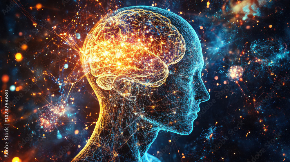 A human head, bathed in the ethereal glow of glowing neurons, a symphony of consciousness unfolding within the intricate labyrinth of the brain. This esoteric vision invites contemplation of A human head, bathed in the ethereal glow of glowing neurons, a symphony of consciousness unfolding within the intricate labyrinth of the brain. This esoteric vision invites contemplation of
