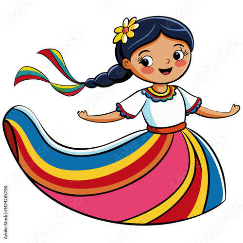 Illustration of a cute mexican girl in traditional dress dancing with colorful ribbons and flower