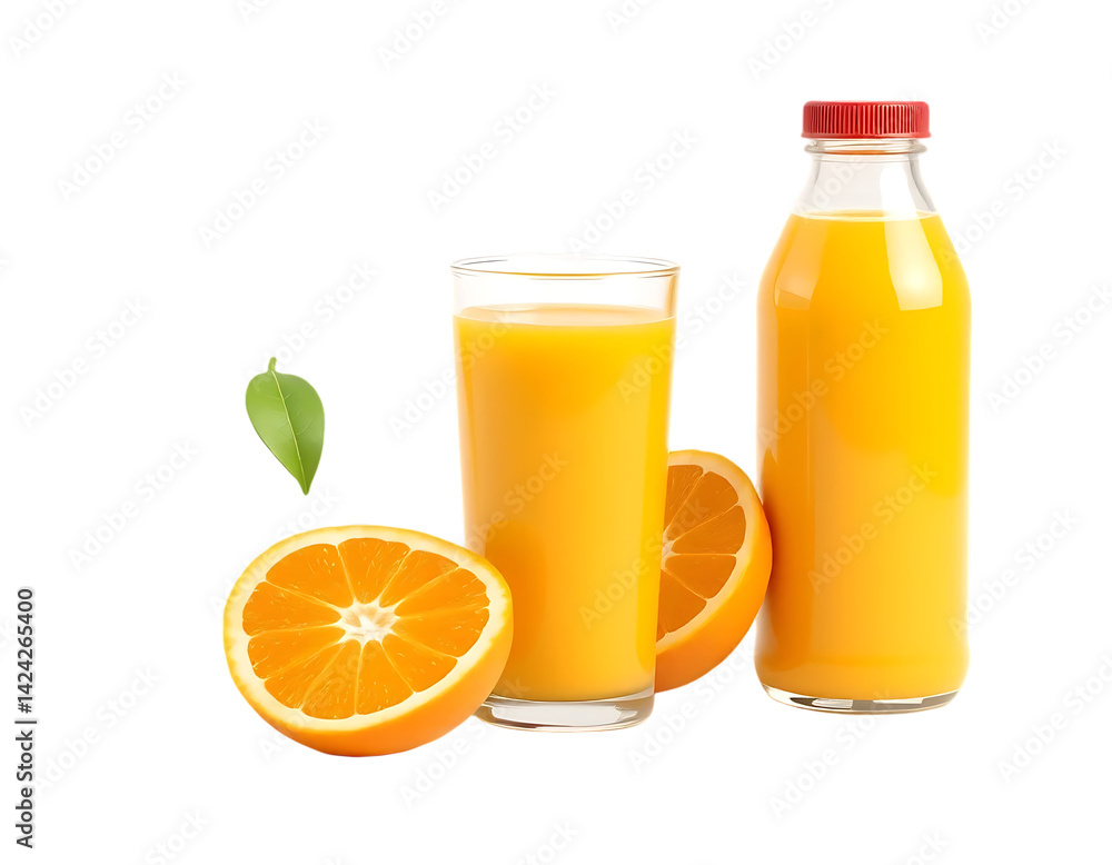 Orange juice bottle, glass of juice, and oranges Orange juice bottle, glass of juice, and oranges