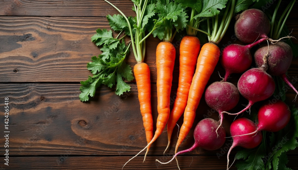 Fresh carrots and beets with leaves on rustic wooden background
Fresh carrots and beets with leaves on rustic wooden background