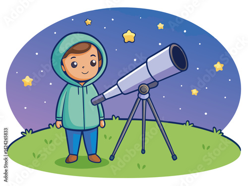 Illustration of child astronomer with telescope observing stars in night sky vector design