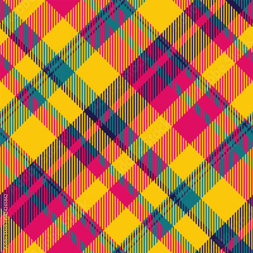 Vibrant diagonal plaid pattern in bold yellow, pink, teal, and purple.  Perfect for textiles, fashion, web design, or any project needing a lively, geometric texture.