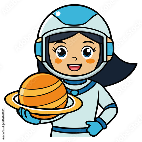 Cartoon astronaut girl holding saturn planet vector illustration for kids space exploration theme