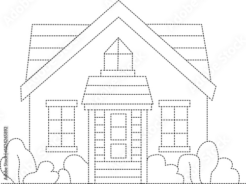Vector house with dashed lines for kids tracing and coloring activity. Great for printable worksheets and learning.