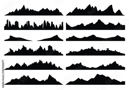 Black and White Mountain Silhouettes – Minimalist Vector Landscape with Jagged Peaks

