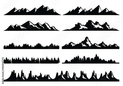 Black and White Mountain Silhouettes – Minimalist Vector Landscape with Jagged Peaks

