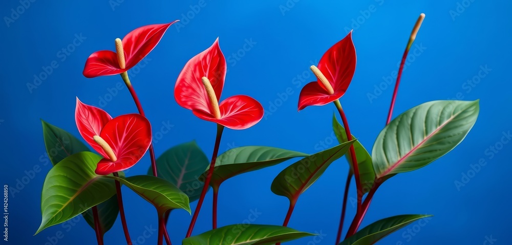 Obraz premium Vibrant red-painted anthurium blooms against a deep blue backdrop, bold, vibrant