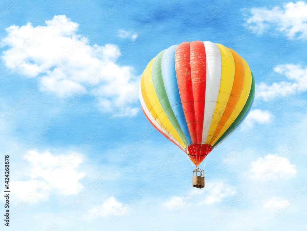 Naklejka premium A vibrant hot air balloon floats against a blue sky dotted with fluffy clouds, creating a picturesque scene of adventure and freedom.