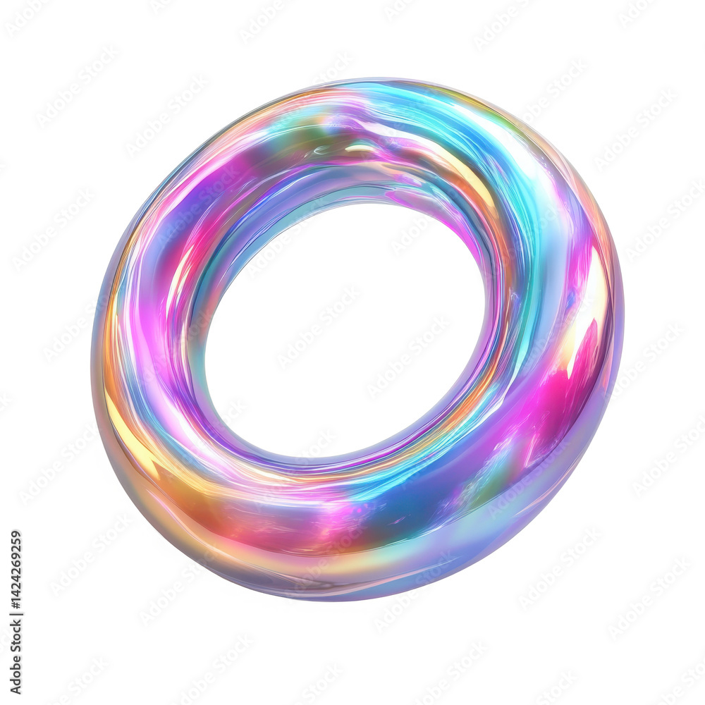 Iridescent torus with a glossy surface reflecting a spectrum of colors against a black background Iridescent torus with a glossy surface reflecting a spectrum of colors against a black background