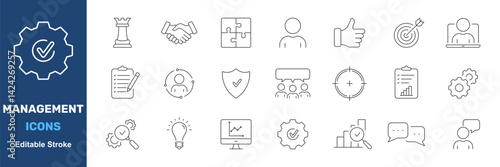 Management And Strategy Icon Set. Business Planning, Team Collaboration, And Performance Analysis Outline Symbol Collection. Leadership And Innovation. Editable Stroke. Isolated Vector Illustration